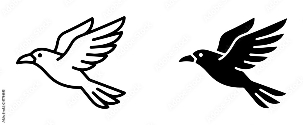 Fototapeta premium Flying Bird Icons, Outline and Silhouette Vector Graphics for Freedom and Nature Concepts