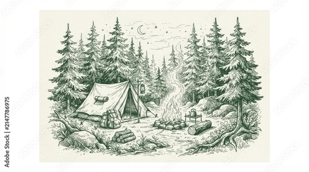 Obraz premium Handdrawn camping scene with a tent, campfire, and pine forest