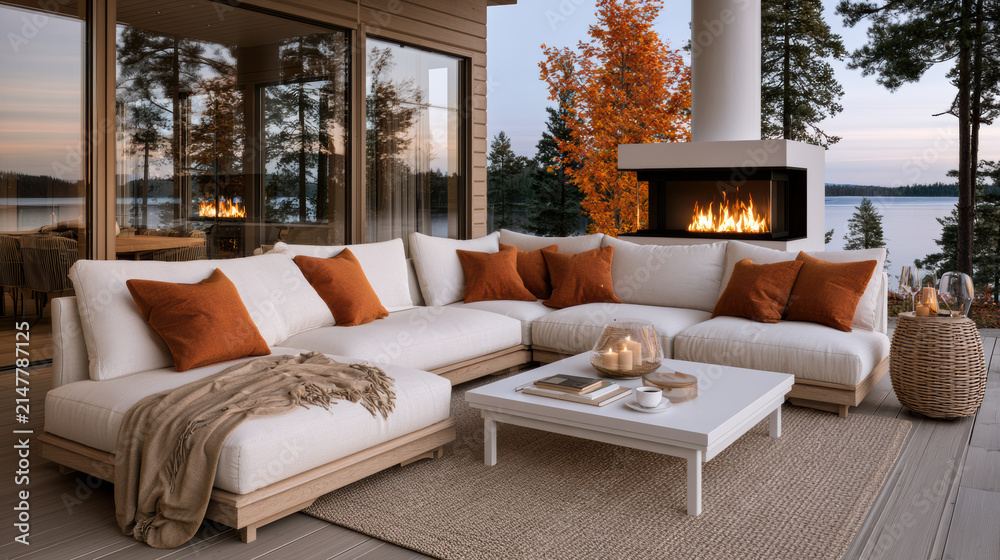 Obraz premium Modern outdoor patio with white sectional sofa, orange pillows, fireplace, and lake view, cozy autumn atmosphere, warm inviting design
