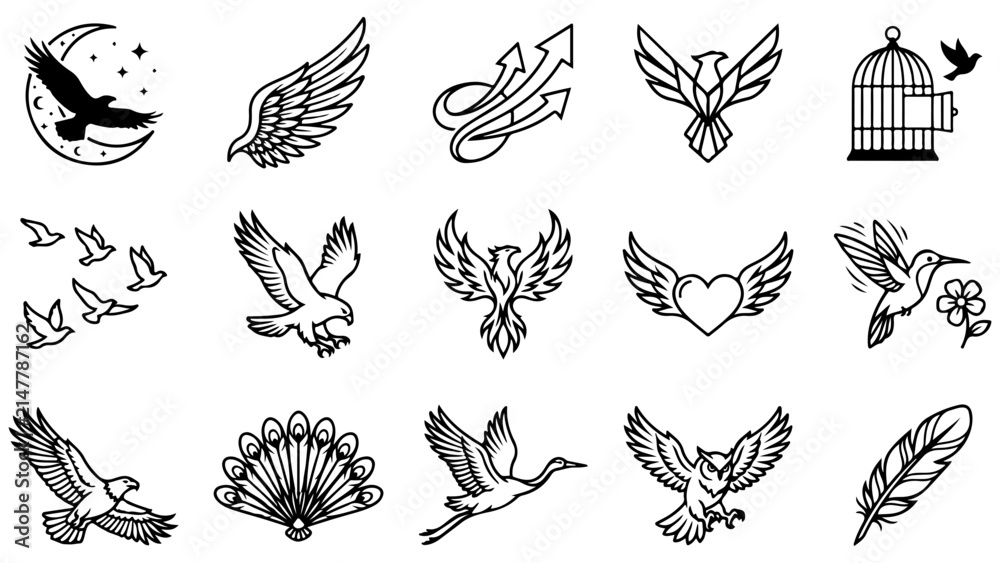 Obraz premium Set of black and white bird icons featuring eagles hawks and various flying birds in silhouette style