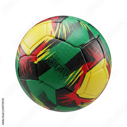 Colorful soccer ball with green red and yellow abstract pattern design isolated on transparent background , PNG