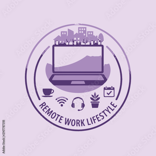 Remote work lifestyle badge with digital nomad icons.