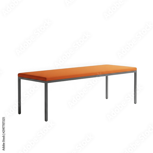 Modern long bench with a soft orange seat and grey metal legs for home or office interior design isolated on transparent background , PNG