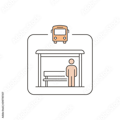 Bus stop icon with waiting passenger and bus sign.