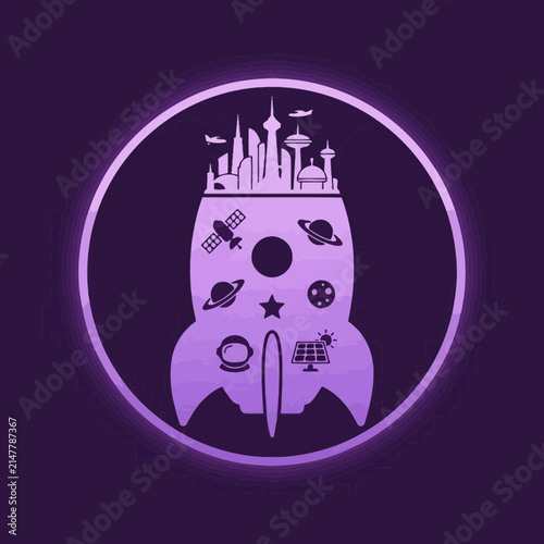 Rocket silhouette with city and space icons.