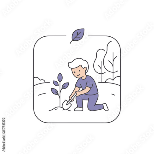 Simple outline of child planting young tree in garden