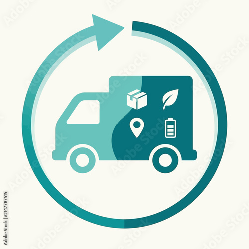Sustainable delivery truck icon with circular green arrow.