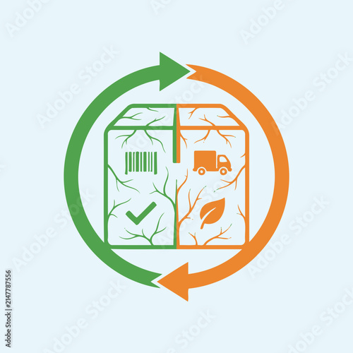 Sustainable logistics box icon with green shipping symbols.