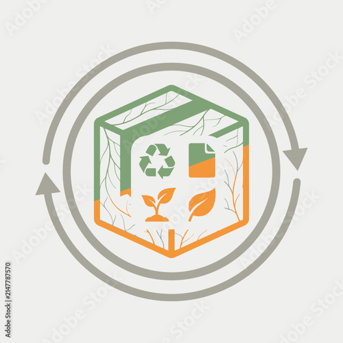 Sustainable packaging icon with recycling and leaf symbols.