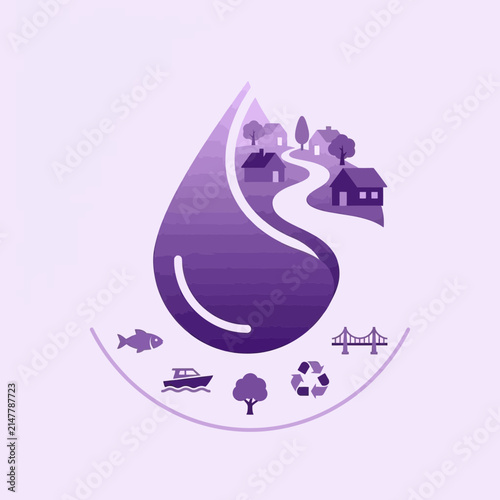 Water conservation droplet containing environmental village landscape.