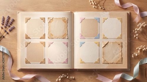 Scrapbook album pages with photo corners and pastel decorations  