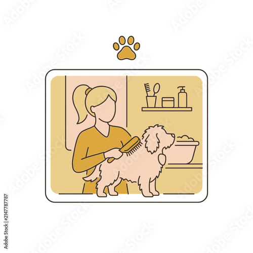Woman grooming a small dog with a hairbrush.
