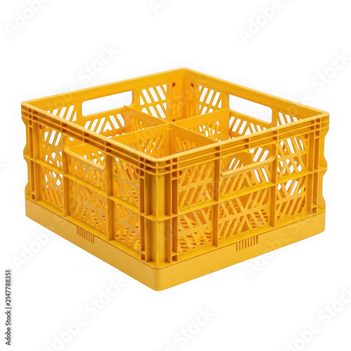 Empty yellow plastic crate for carrying bottles or delivery items isolated on transparent background , PNG