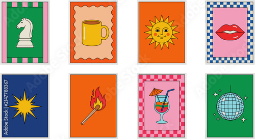 Set of Eight Retro Style Pop Art Illustrations with Vibrant Colors and Playful Icons.