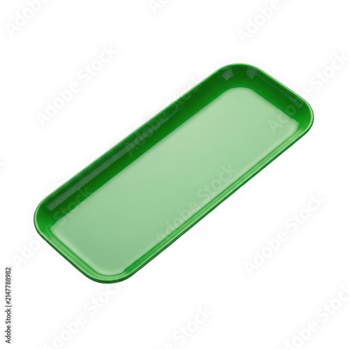 Empty green plastic rectangular serving tray for food and drinks isolated on transparent background , PNG