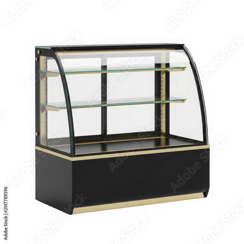 Black and gold empty glass display case for food and pastry isolated on transparent background , PNG