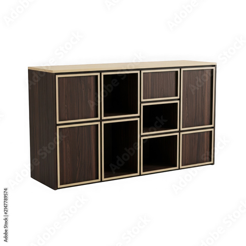 Modern dark wood sideboard cabinet with gold metal frame details for living room interior design isolated on transparent background , PNG