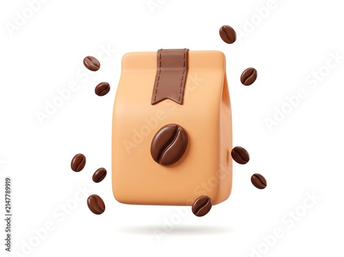3D render of coffee bean bag with flying beans packaging caffeine breakfast beverage marketing