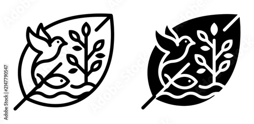 Foto Nature Eco Logo, Leaf Symbol with Bird, Fish, and Plant, Organic Environmental I