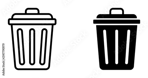 Canvastavla Two Trash Can Icons: Outline and Solid Black, Simple Vector Graphics for Waste M