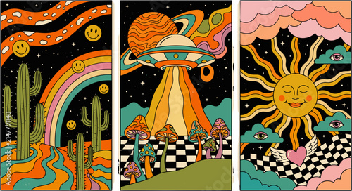 Set of three psychedelic retro posters featuring cosmic desert landscapes with UFOs mushrooms and smiling sun.