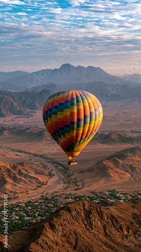 Hot air balloon floats over mountains and valley at sunrise in a desert area
