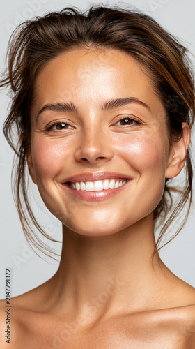 Smiling woman with natural makeup and clear skin standing against a plain background