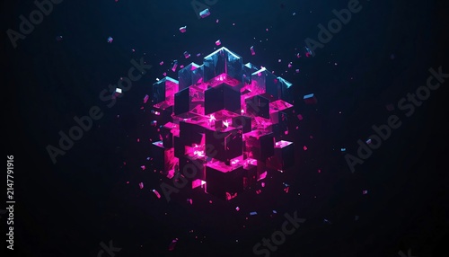 Blockchain Cube Structure Breaking into Floating Fragments Surreal Decentralized System Concept Clean Dark Space