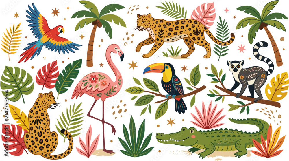 Obraz premium Tropical Jungle Animals and Exotic Plants Illustration on Black Background.