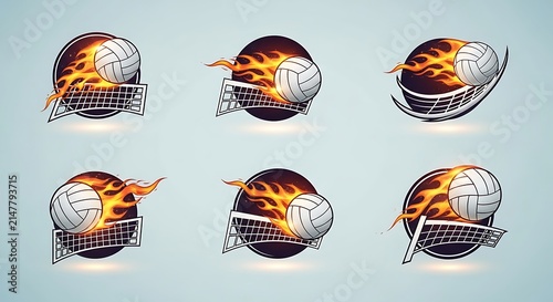Volleyball logo set with fire and net elements