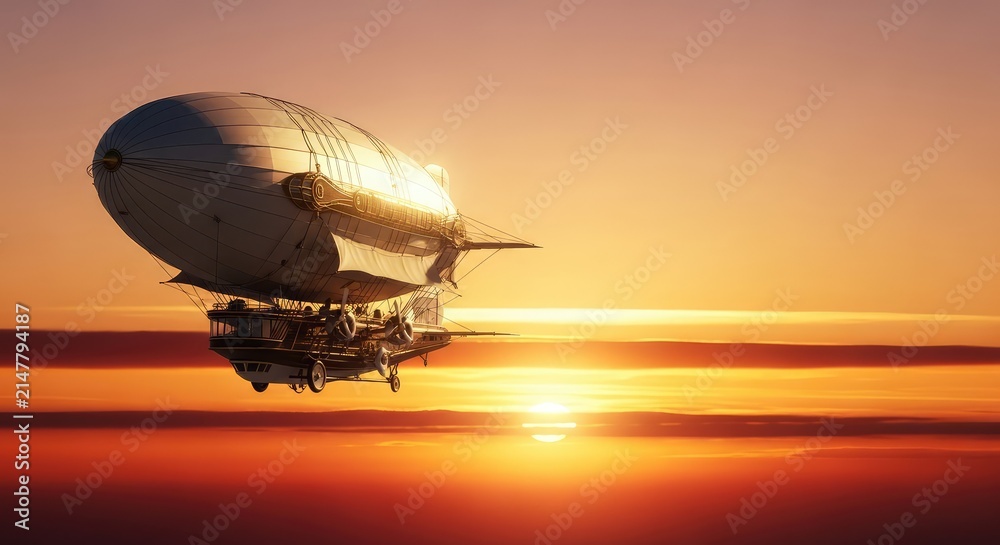 Naklejka premium Majestic steam-powered dirigible glides gracefully through a vibrant sunset sky filled with layered orange clouds and soft golden sunlight, orange sky, gasbag, aerial
