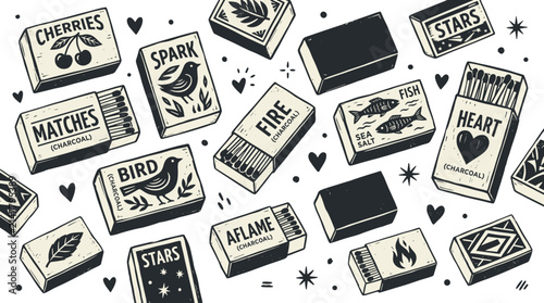 Vintage Style Matchbox Collection Illustration with Retro Graphic Designs.