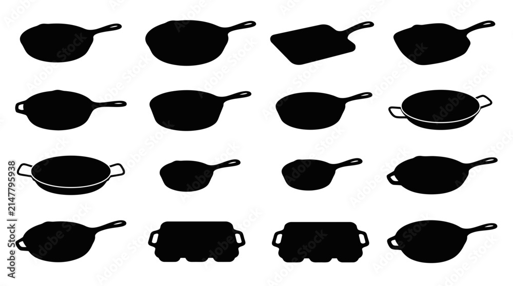 Fototapeta premium Cast Iron Skillet Silhouette Collection Set of Various Cookware and Frying Pan Shapes