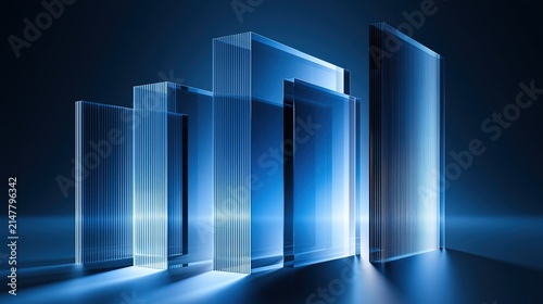 Overlapping layered vertical translucent blue ribbed glass rectangles on deep dark blue glowing background showing futuristic abstract modern geometric technology art composition