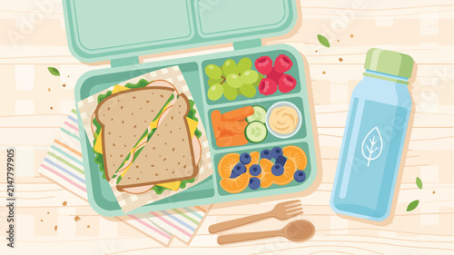 Healthy lunch box with sandwich, fresh fruits, vegetables and water bottle flat lay vector illustration