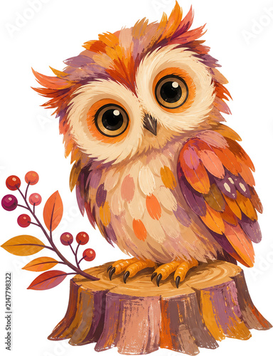 A colorful cartoon owl perched on a tree stump with autumn leaves and berries