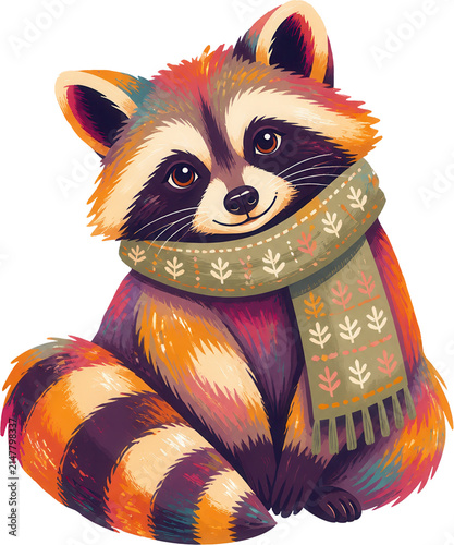 A colorful raccoon wearing a patterned scarf and sitting upright