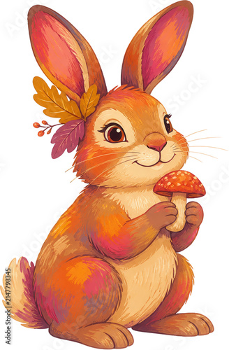 A cute autumn colored rabbit holding a red mushroom with leaves on its ears
