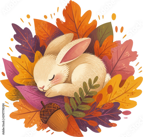 A cute bunny sleeping among colorful autumn leaves and an acorn
