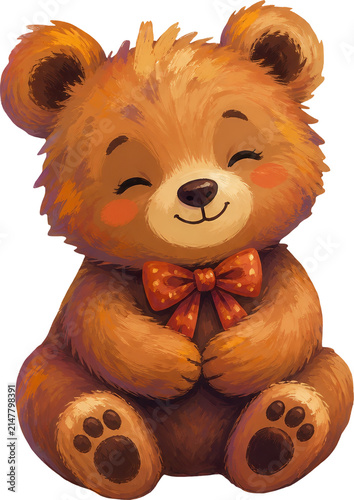 A cute cartoon bear sitting with a red bow tie around its neck