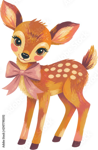 A cute cartoon fawn with spotted fur and a pink bow around its neck