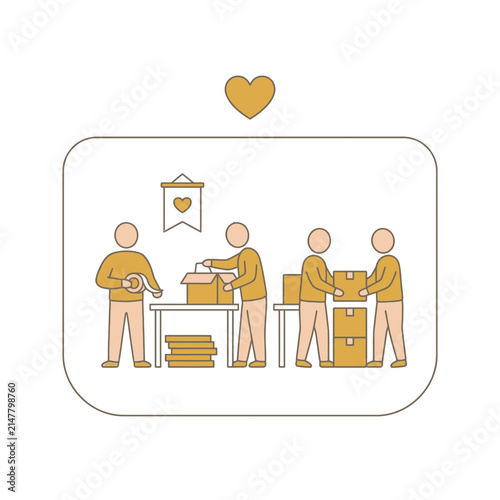 Volunteers packing donation boxes for community charity support.