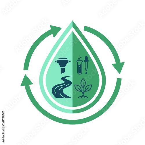 Water conservation icon with science and recycling symbols.