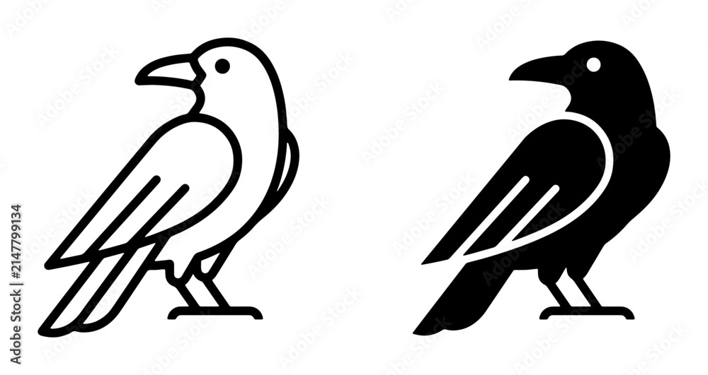 Fototapeta premium Minimalist Crow Icons, Black and White Bird Silhouettes, Vector Graphics for Nature and Gothic Themes, Simple Raven Symbols