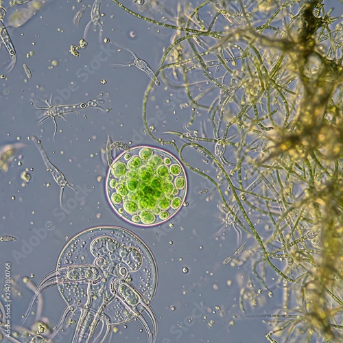 Vivid microscopic view of green algae and microorganisms in water