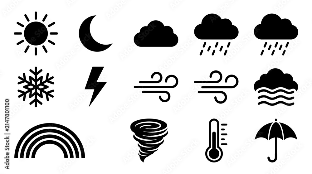 Obraz premium Set of weather forecast icons in black and white.