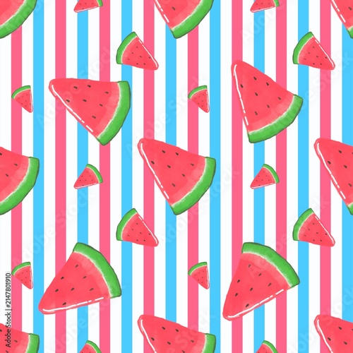 Fresh watermelon slices seamless pattern on blue and red vertical striped background