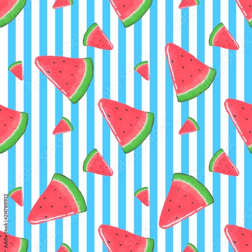 Cute watermelon slices seamless pattern on blue vertical striped background