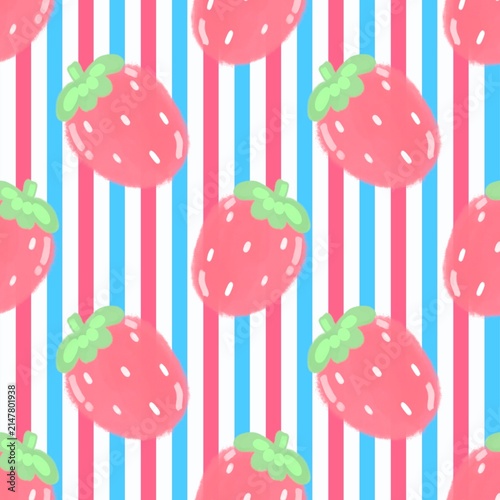 Sweet strawberry pattern on red blue and white vertical striped background