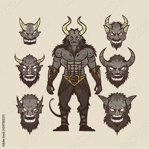 Powerful demonic warrior monster vector with horned beast heads